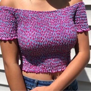 TOPSHOP Pink and Blue Off-Shoulder Smocked Floral Crop Top size 2